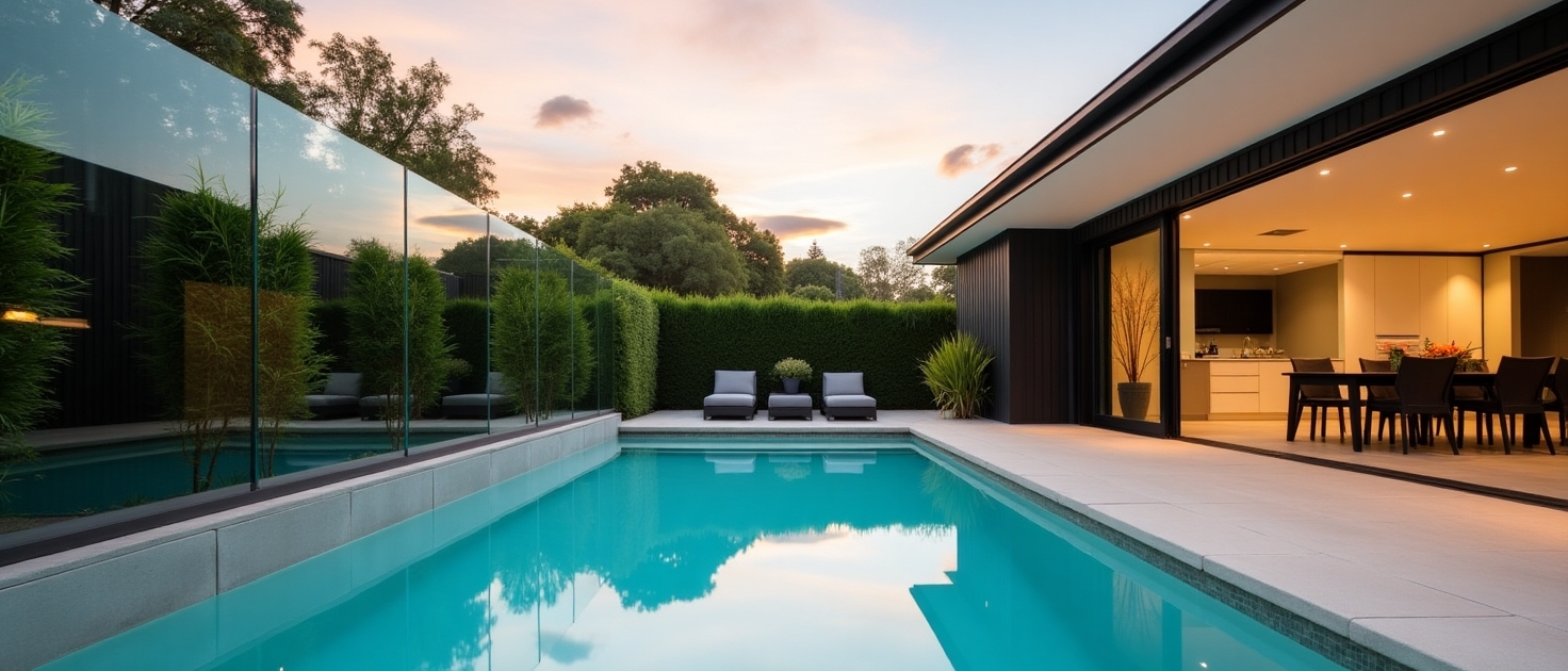 Elegant backyard in Alphington featuring frameless glass pool fencing, a modern swimming pool, and lush landscaping.