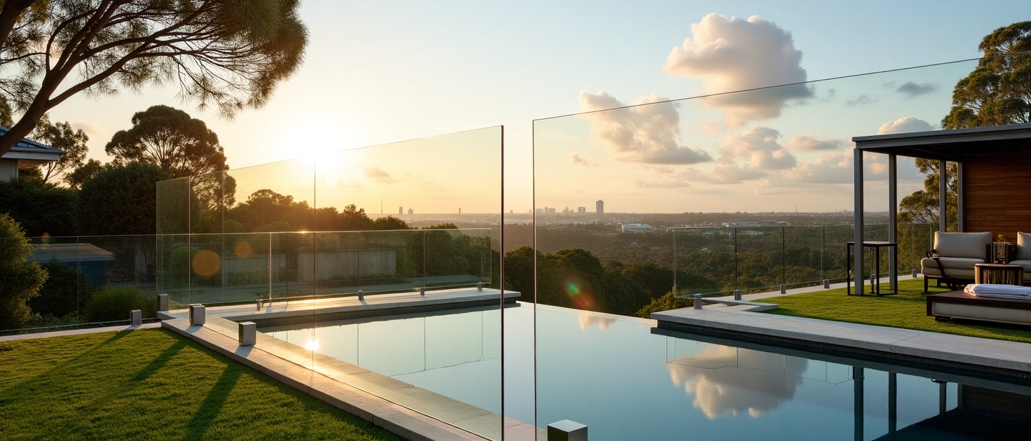 A serene and modern outdoor scene featuring high-quality glass pool fencing installed by Melbourne Fencing Servic at Airport west