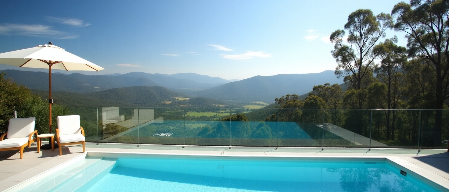 Modern glass pool fencing surrounding a sparkling blue pool in Macedon, blending safety with styl